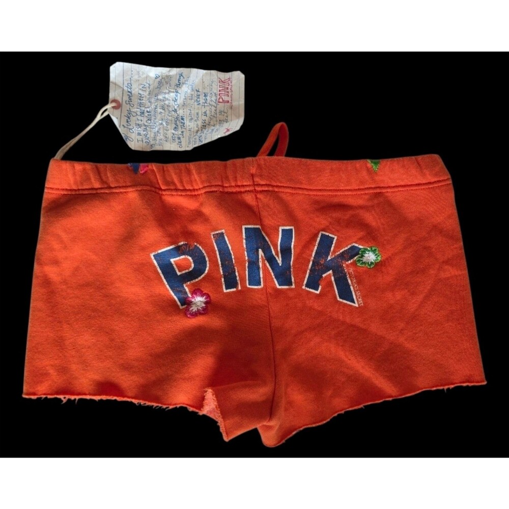 1VS PINK shorts neon orange Embroidered logo on back distressed raw-edge hem NEW